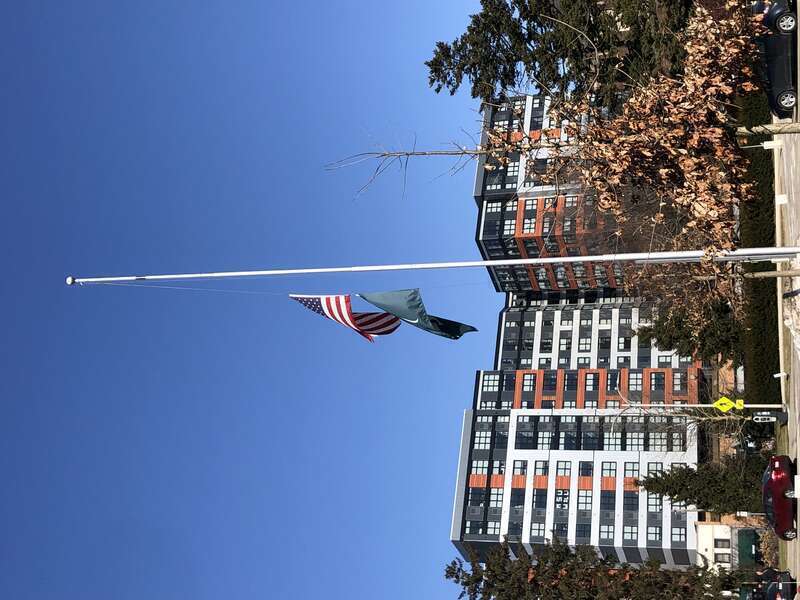 US and MSU flags at half mast after the 2023 Michigan State University shooting
