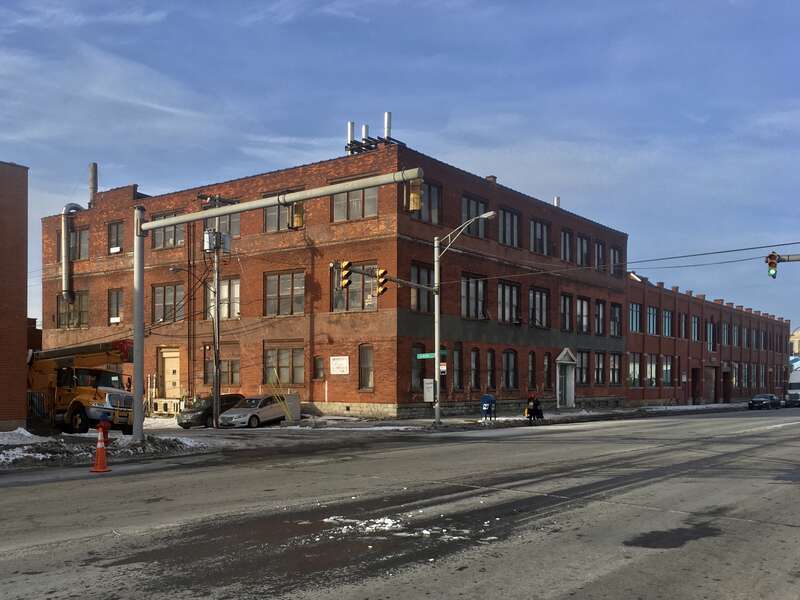 The former Sowers Manufacturing Company warehouse, 1294 Niagara Street at Auburn Avenue, Buffalo, New York, January 2020. The titular company manufactured heating, cooling, and mixing equipment for the chemical industry at this Colson &amp;
