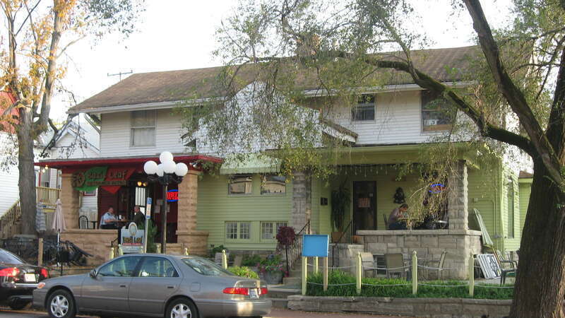 Front and western side of the Basil Leaf Asian Fusion, located at 402-404 E. Fourth Street in Bloomington, Indiana, United States.  Built in 1913, it is part of the locally-designated Restaurant Row Study Area.