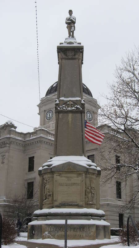 Front of the GAR Memorial on the southeastern portion of the grounds of the Monroe County Courthouse, located on Courthouse Square in downtown Bloomington, Indiana, United States.  The memorial and several other commemorative objects on the