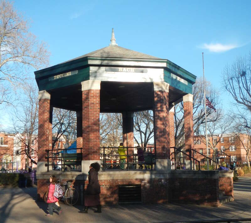 Looking east at gazebo on a sunny afternoon.