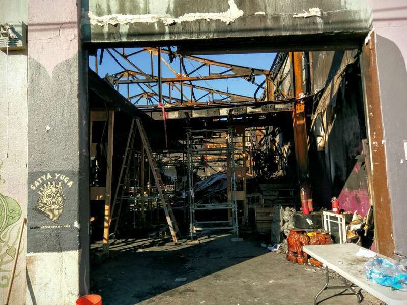 The interior of the Ghost Ship warehouse, where 36 people died in a fire on December 2, 2016. The photo was taken 20 days after the fire.