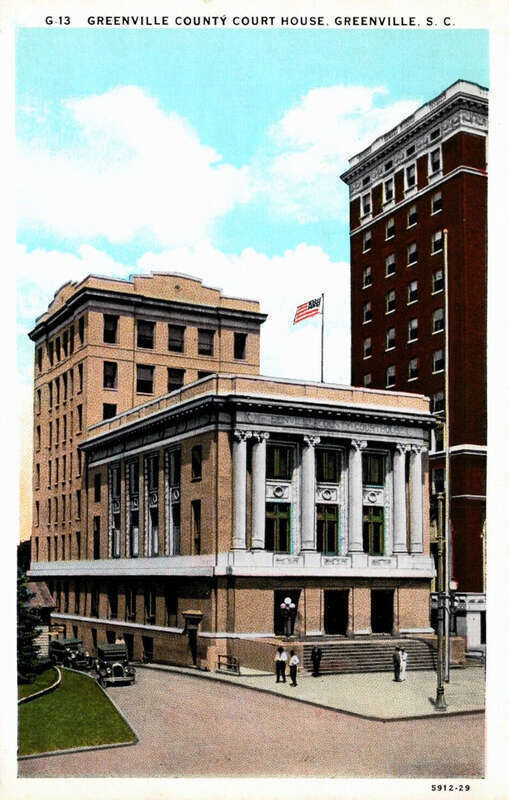 Photomechanical print (postcard)
Divided back
No. G-13
Printed by Curt Teich &amp; Co.

The fourth courthouse to serve Greenville County, it was built in 1918.  In 1950 the court moved to the current Greenville County Courthouse on East North