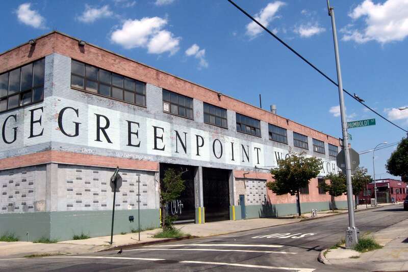 Looking northeast across Humbolt Street and Meserole Avenue at Greenpoint Wood Exchange in en:Greenpoint, Brooklyn on a sunny midday