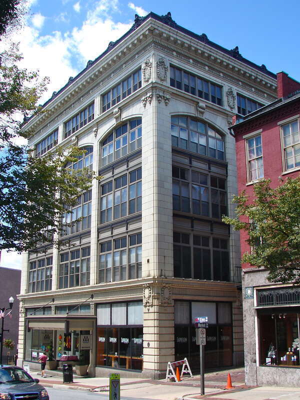 Hager Building on the NRHP since October 16, 1979. At 25 West King Street, in the Central Business District (right by the Central Market building) in Lancaster, Pennsylvania.