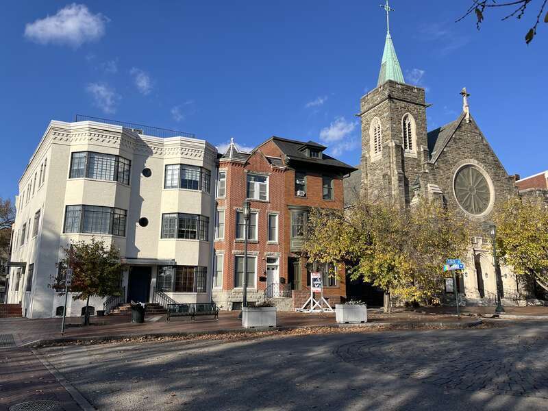 buildings in Harrisburg, Pennsylvania, by the corner of State Street and Front Street, including St. Lawrence's Catholic Church