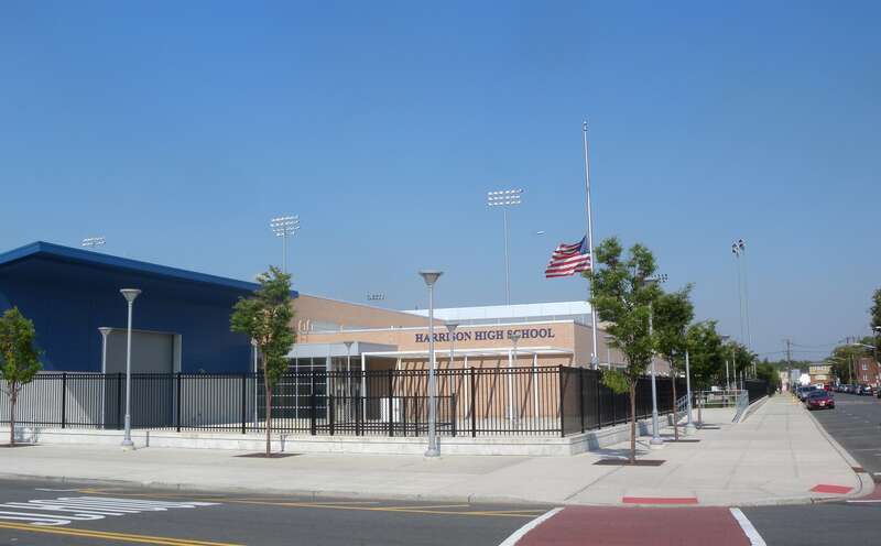 Looking east at Harrison High School on a sunny early afternoon.