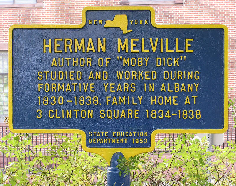 Text:
Herman Melville
Author of "Moby Dick"
Studied and Worked During
Formative Years in Albany
1830-1838. Family Home at
3 Clinton Square 1834-1838
State Education
Department 1953
Photograph:

Historic Marker: