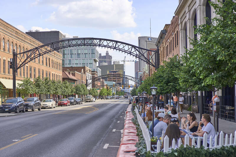 Outdoor dining on the shady side of the street. "Short North" near downtown Columbus Ohio