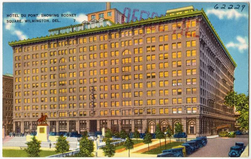 Title: Hotel Du Pont, showing Rodney Square, Wilmington, Del.
Subjects: Hotels
Places: Delaware > New Castle (county) > Wilmington
Notes: Title from item.
Extent: 1 print (postcard) : linen texture, color ; 3 1/2 x 5 1/2 in.
Accession #: