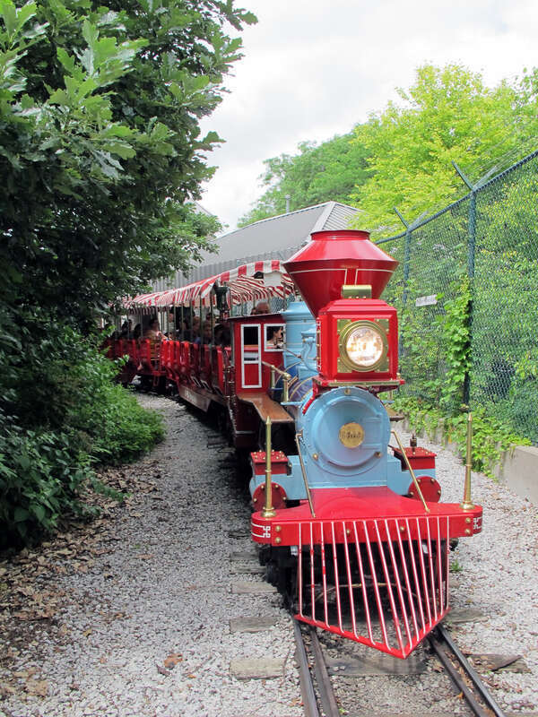 Photo of the Iron Horse on the ZO&amp;O Railroad; at the Lincoln Children's Zoo, 1222 S. 27th Street in Lincoln, Nebraska.  Photo is looking due north towards the passenger depot of the railroad.  The Iron Horse can be seen front and center in this