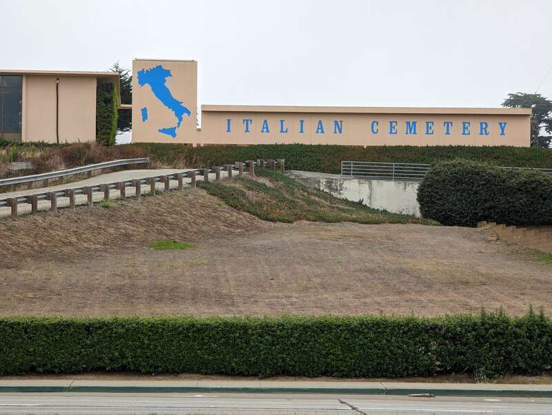 Name sign for Italian Cemetery in Colma