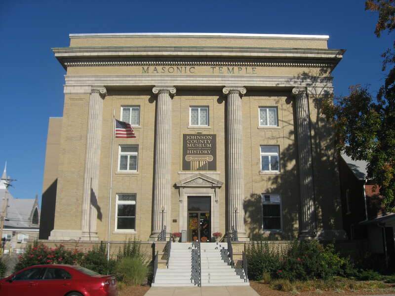 Front of the former Franklin Masonic Temple, located at 135 N. Main Street in downtown in Franklin, Indiana, United States.  Built in 1922 and converted into the county history museum in 1989, it is listed on the National Register of Historic Places.
