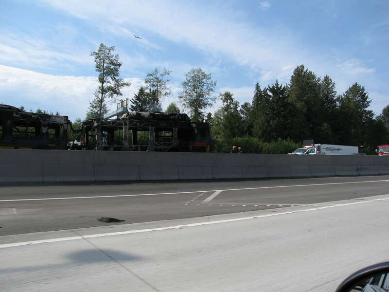 This New Flyer DE60LF was designed to carry 58 passengers, however in this photo, the burned shell occupies the HOV exit ramp on I-5 at S 317th.

<a href="http://www.king5.com/video/index.html?nvid=273327">Video</a>