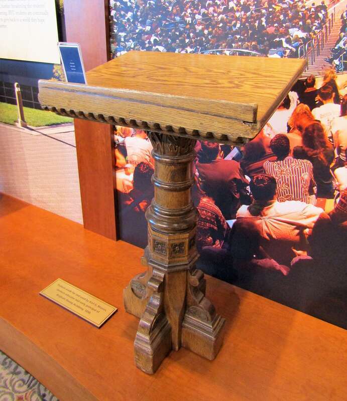 Podium used by Karl G. Maeser in 1890, now located in the Gordon B. Hinckley Alumni and Visitors Center.