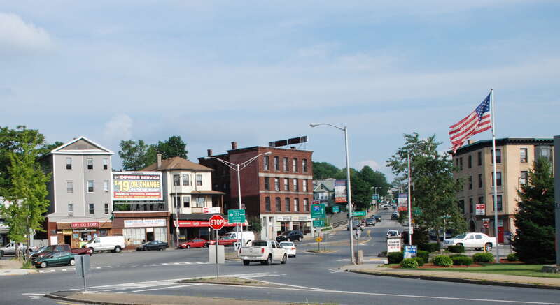 Photo of Kelley Square in Worcester, Massachusetts.