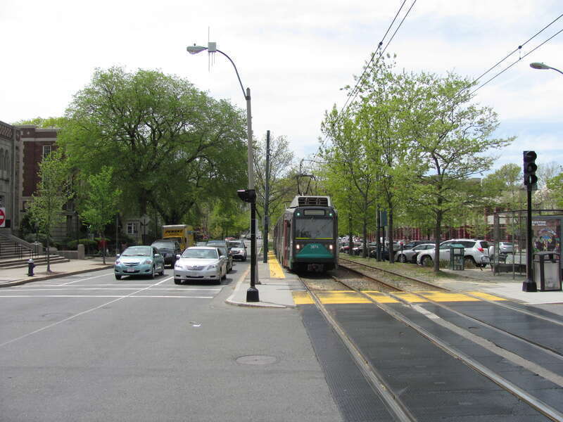 Looking west at Kent Street MBTA station in Brookline Massachusetts