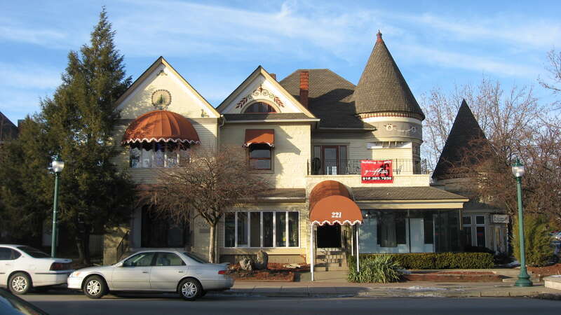 Front of the Victoria Towers, located at 211 E. Kirkwood Avenue in Bloomington, Indiana, United States.  Built in 1880, it is part of the locally-designated Old Library Historic District.