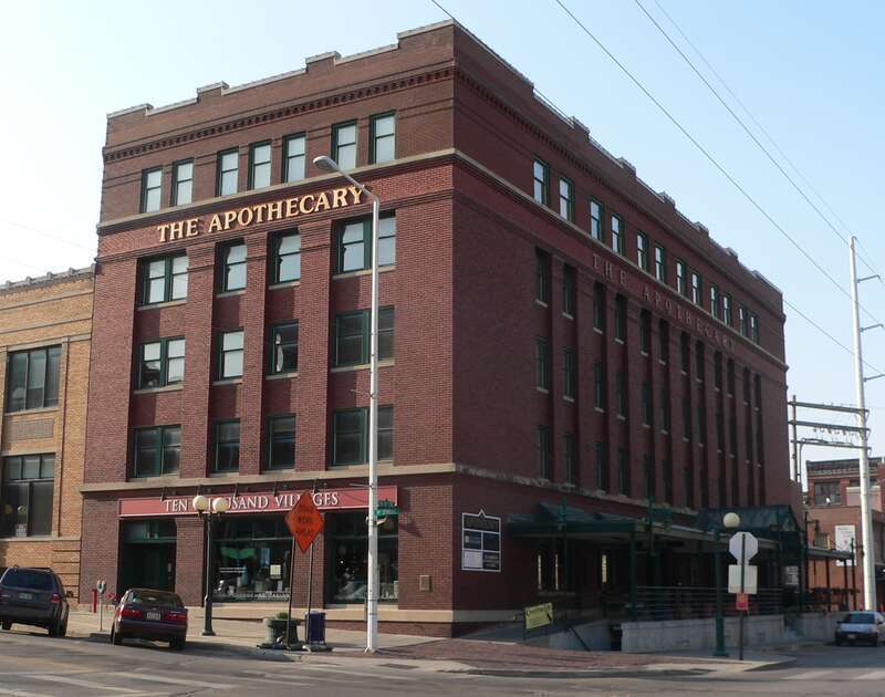 Haymarket District in Lincoln, Nebraska: Lincoln Drug Company building, located at southeast corner of 8th and P Streets.  P runs eastward to the left; 8th runs southward at right edge of photo.  According to a plaque on the building, it was designed