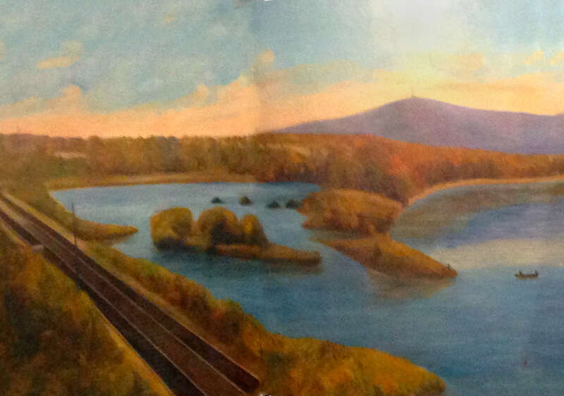 Log Pond Cove and Connecticut River, with Mount Tom in the background. As seen in the City Council chambers mural in Holyoke City Hall