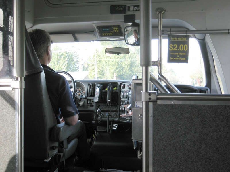 Metro contracts its DART (Dial A Ride Transportation) service out to Hopelink. DART is a fixed route service that allows deviations for pickups and dropoffs.

This is the driver's area for <a