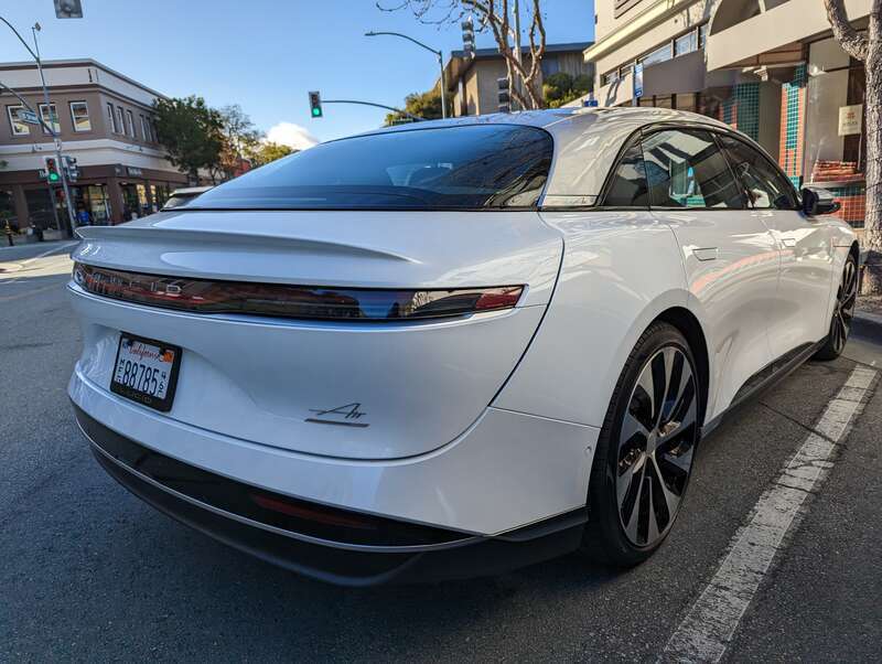 Lucid Air in downtown San Mateo, parked in front of Baywood Theater