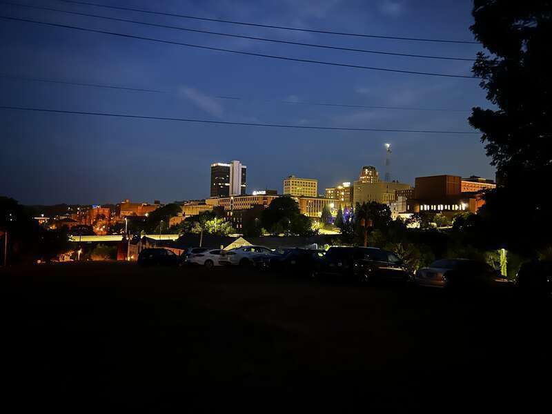The view of downtown Lynchburg, VA, from the lawn parking area of Point of Honor.