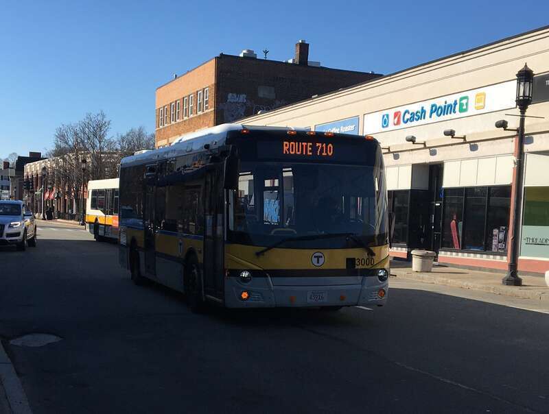 MBTA route 710 bus in Medford Square in March 2021
