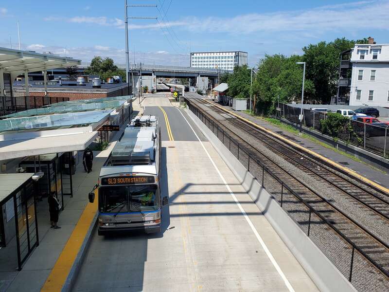 MBTA route SL3 bus inbound at Bellingham Square station in July 2021