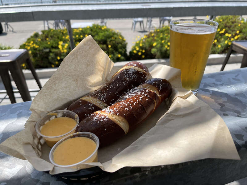 Pretzels and cheese at Mare Island Brewing Company at the ferry terminal, Vallejo, California.