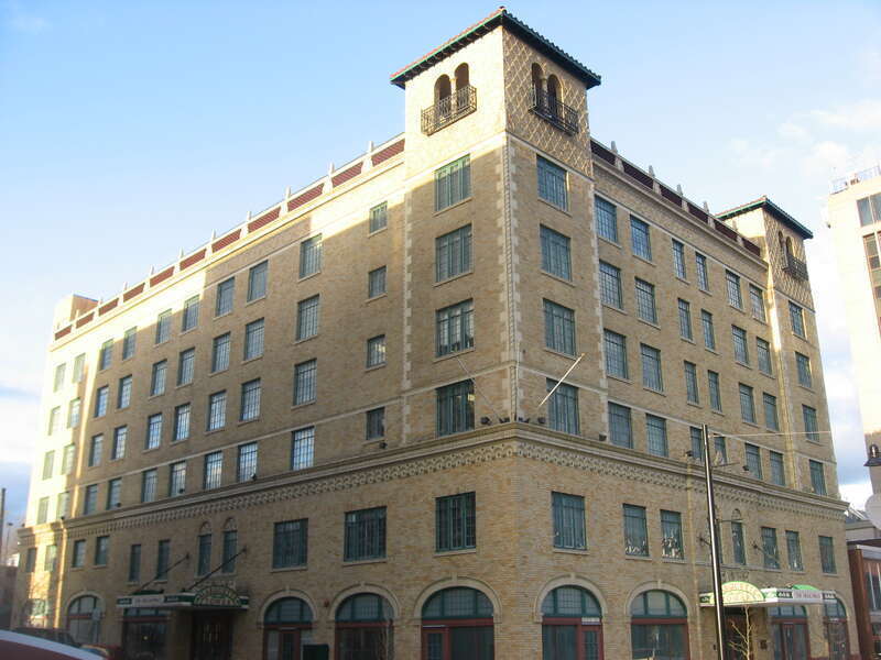 Front and western side of the Marquette Hotel, located at 388 Broadway Street in Cape Girardeau, Missouri, United States.  Built in 1928, it is listed on the National Register of Historic Places, and it is part of a Register-listed historic district,