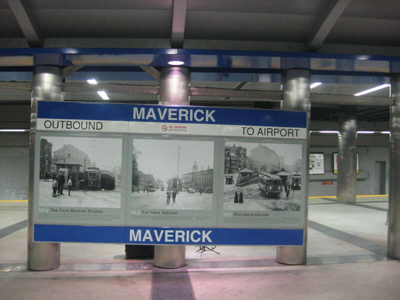 Station sign at Maverick station on the MBTA Blue Line. Three old b&amp;w images on the sign (all from before 1923).