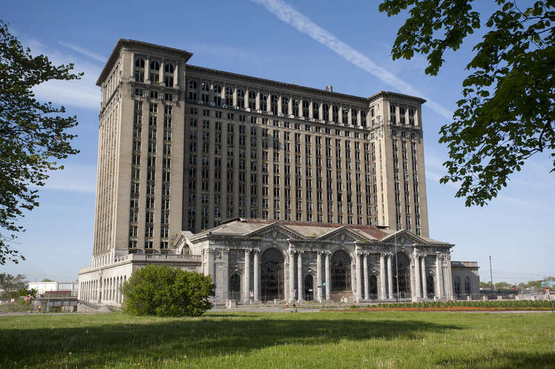 The abandoned Michigan Central Train Station, as seen from Roosevelt Park in Detroit. Note the "Save the Depot" sign on the top of the building.