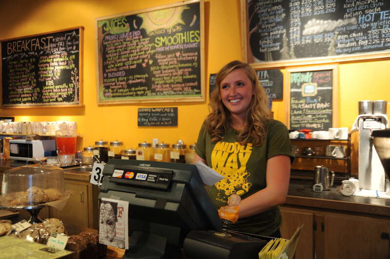 Buddhist coffee house and restaurant, menus, t-shirt, Northern Lights Boulevard, Anchorage, Alaska, USA.