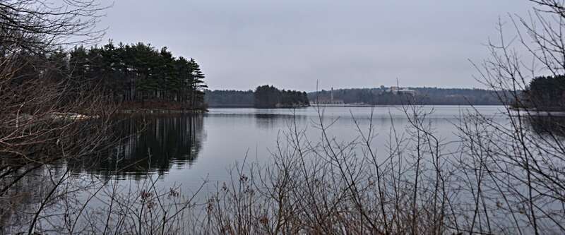 A photograph of Spot Pond in the Middlesex Fells Reservation in Stoneham, Massachusetts.