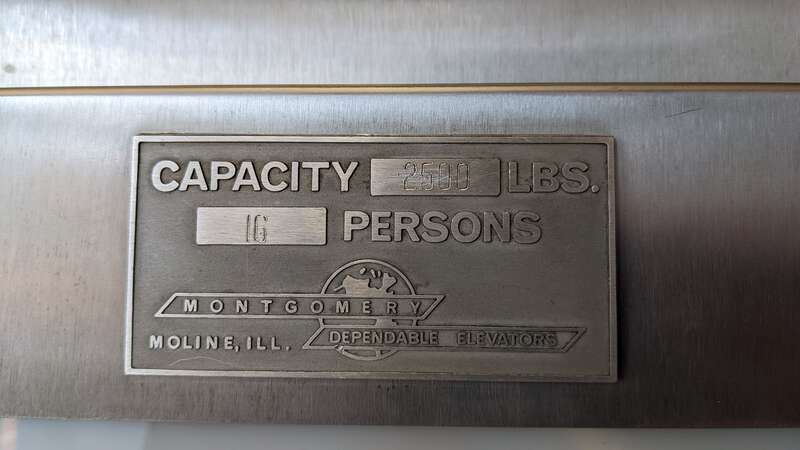 Capacity sticker found on a Montgomery elevator (c. 1980's). Montgomery is a defunct elevator company and got acquired by KONE in 2000. Taken at the Court Street parking garage in Frederick, MD.