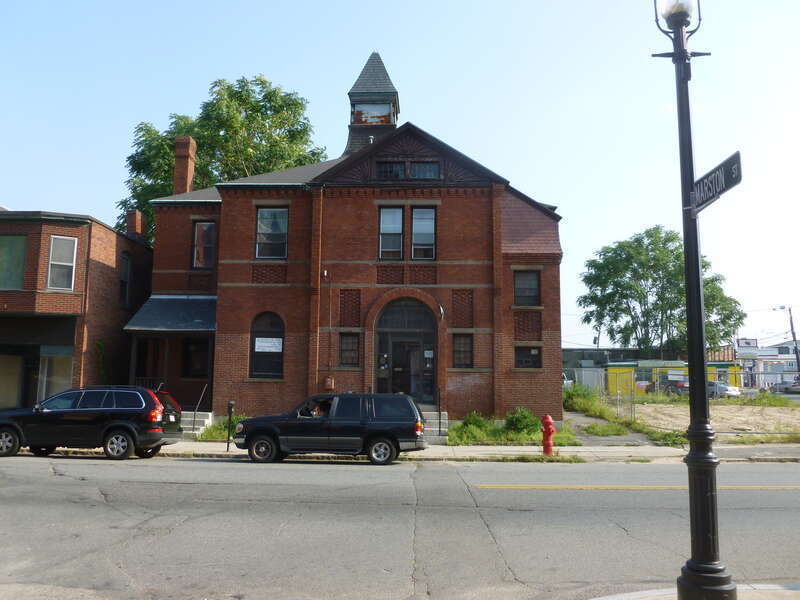 New Life Christian Community Church (and Iglesia de Dios Pentecostal M.I.), located at 150 Middlesex Street, Lowell, Massachusetts.  West (front) side of building shown.