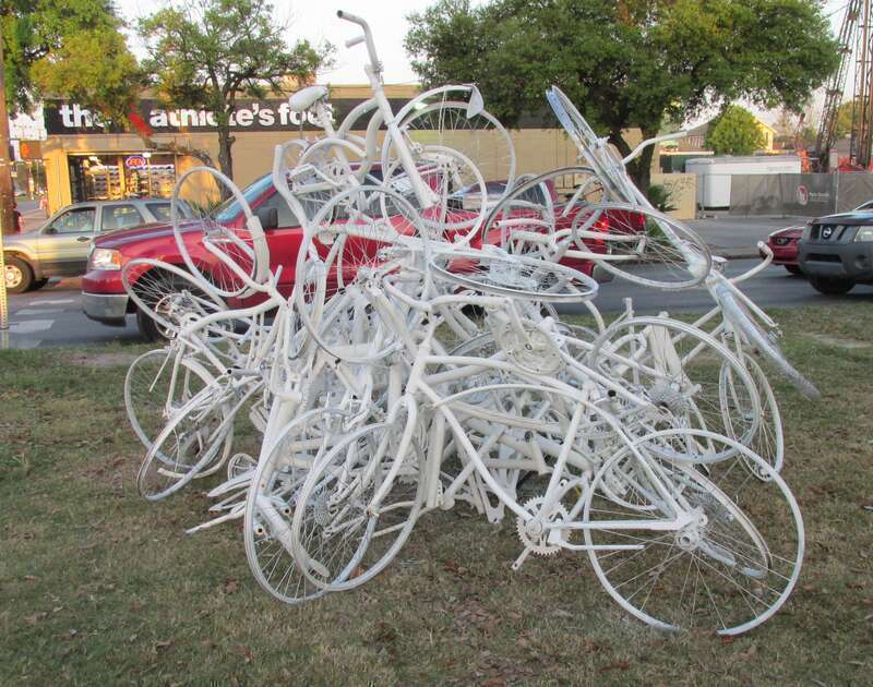 This Ghost Bike sculpture is at the corner of Elysian Fields and St. Claude Avenues in New Orleans, LA.
It is meant to memorialize cyclists killed in the city's traffic.