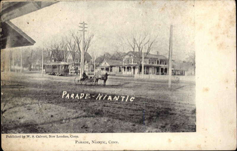 Divided back postcard of a New London and East Lyme Street Railway car at Niantic station