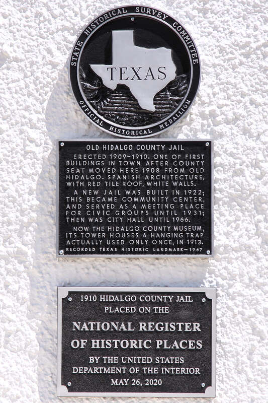 Historical markers on the 1910 Hidalgo County Jail in Edinburg, Texas, United States.