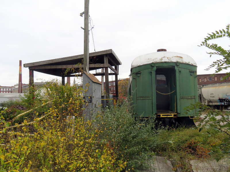 Pennsylvania Railroad P70 coach, formerly part of the Old Colony &amp; Fall River Railroad Museum, left at Fall River Wharf in October 2020