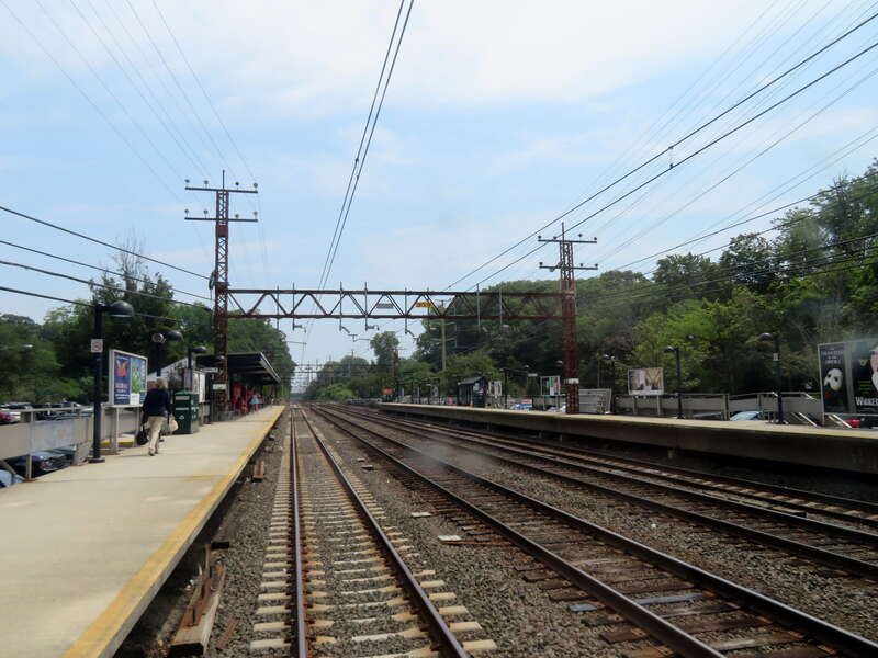 Riverside station viewed from the rear of a Grand Central-bound New Haven Line train in July 2019