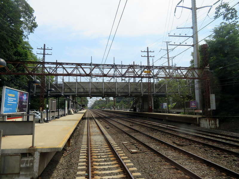 Riverside station viewed from the rear of a Grand Central-bound New Haven Line train in July 2019