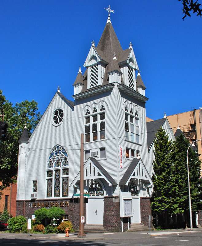 The Portland Korean Church, at 933 S.W. Clay Street (at the corner of 10th Avenue &amp; Clay Street) in downtown Portland, Oregon, in 2011.  The building was completed in 1905, as the First German Evangelical Church. It remained in use by the same