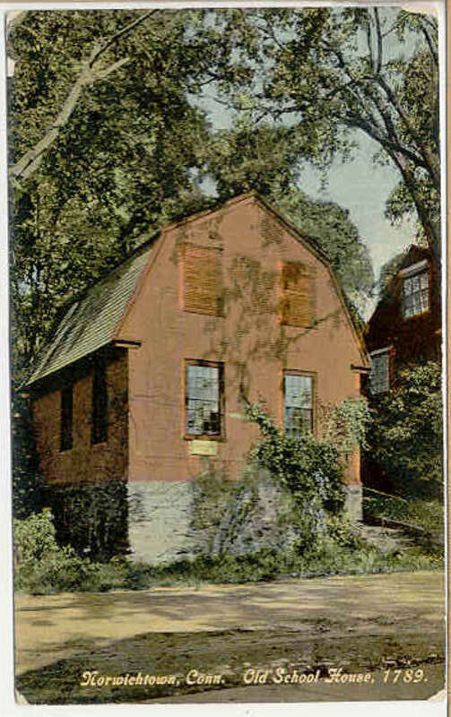 Postcard: Old school house, Norwichtown section of Norwich, Connecticut, 1913 postmark
Description: "1913 postally used postcard pub by Hugh C. Leighton, No. L-570, showing the Old School House in Norwichtown, CT." Caption: "Norwichtown, Conn. Old