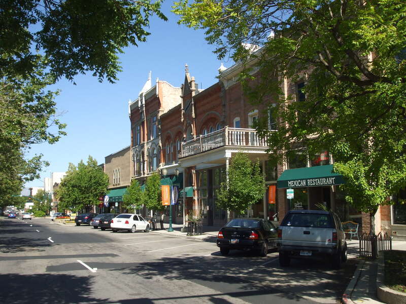 Westward view along Center St. in the Provo Downtown Historic District, Provo, Utah, United States