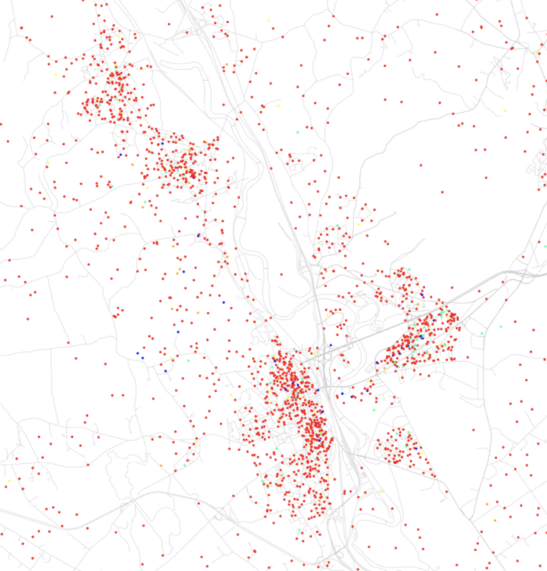 Maps of racial and ethnic divisions in US cities, inspired by Bill Rankin's map of Chicago, updated for Census 2010.
Red is White, Blue is Black, Green is Asian, Orange is Hispanic, Yellow is Other, and each dot is 25 residents.

Data from Census
