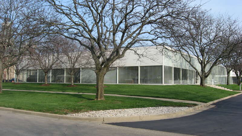 Western side and rear of the offices of The Republic, located at 333 Second Street (State Road 46) in Columbus, Indiana, United States.  Built in 1971, it has been designated a National Historic Landmark.