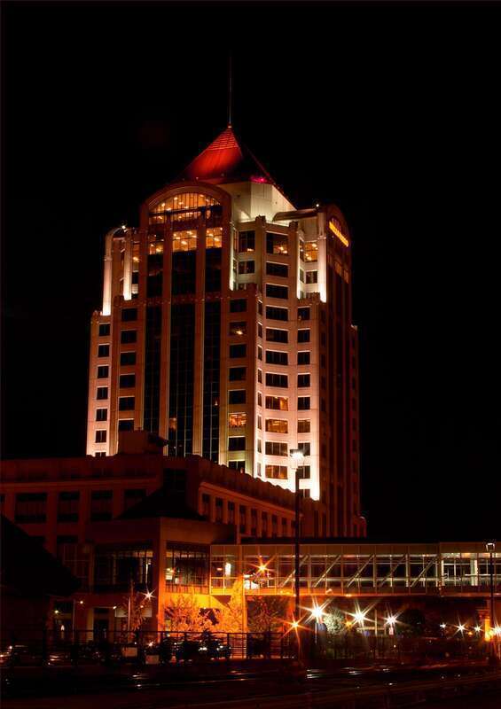 The Wells Fargo Tower in Roanoke, VA is aglow on a recent weekend evening.