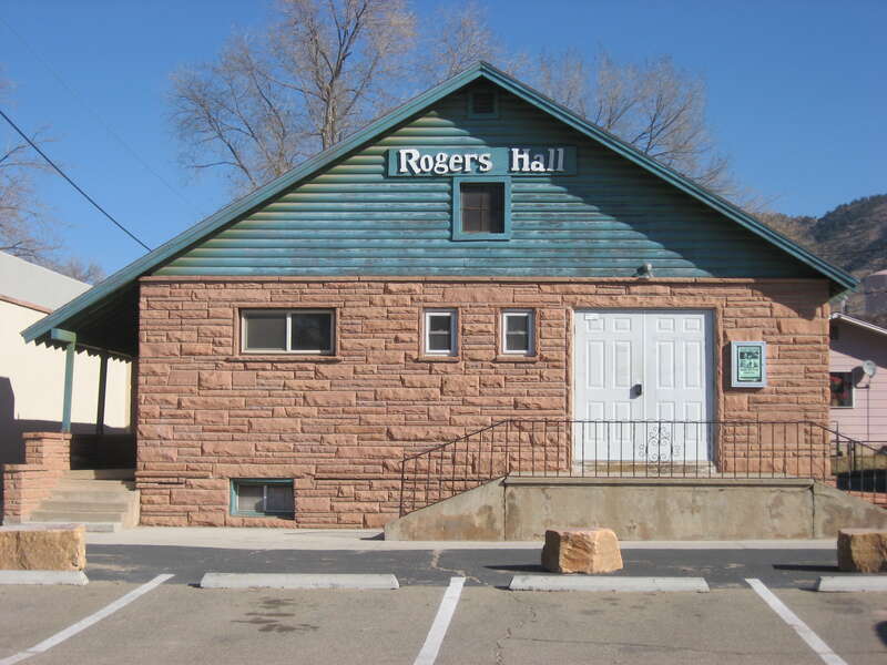 Rogers Hall, located along High Street in central Lyons, Colorado, United States.  Built in 1951, the hall is one of the Lyons Sandstone Buildings listed on the National Register of Historic Places.